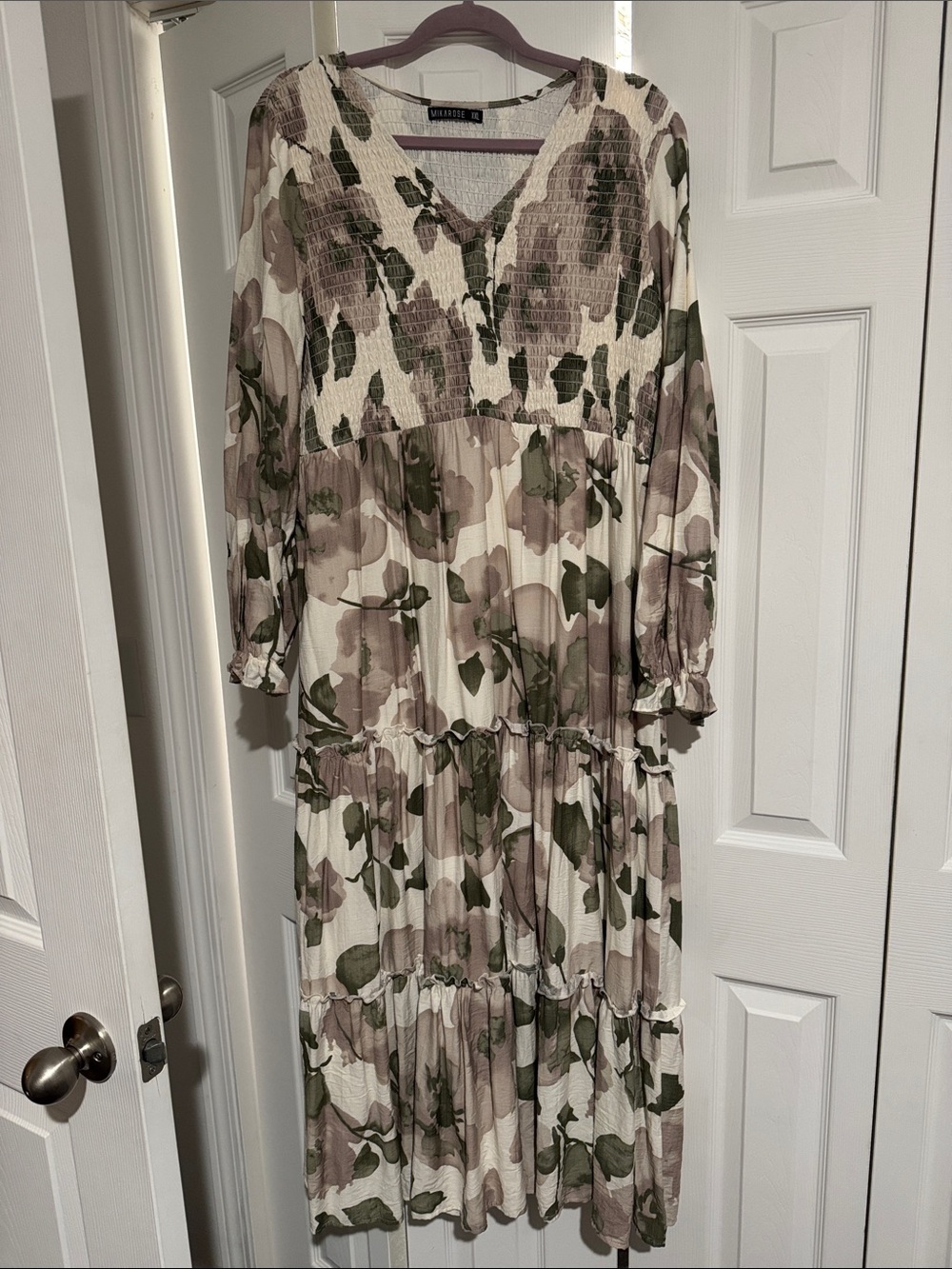 Mikarose Smocked Tiered Maxi Dress in Olive Green and Cream